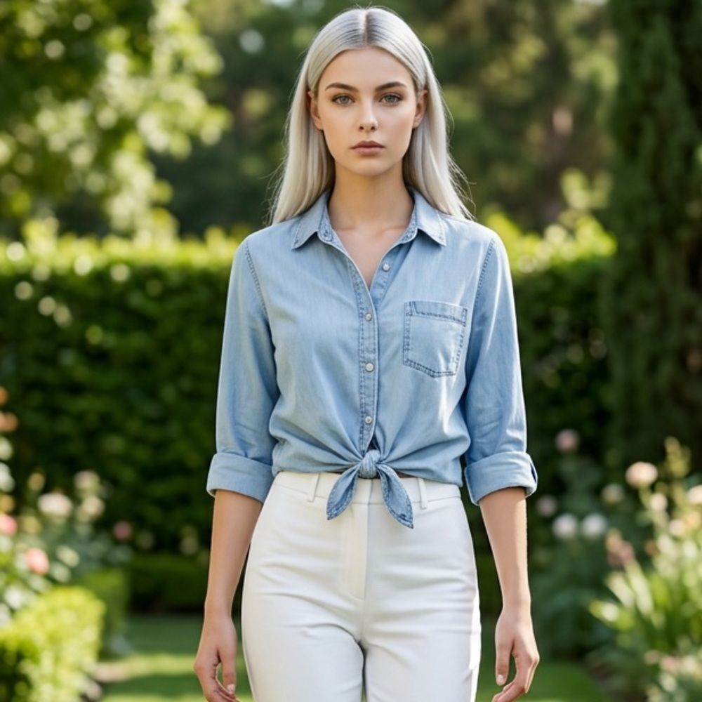 EUC Cato Women’s Blue Denim Washed Button-Up Tie-Front Shirt - Size XL